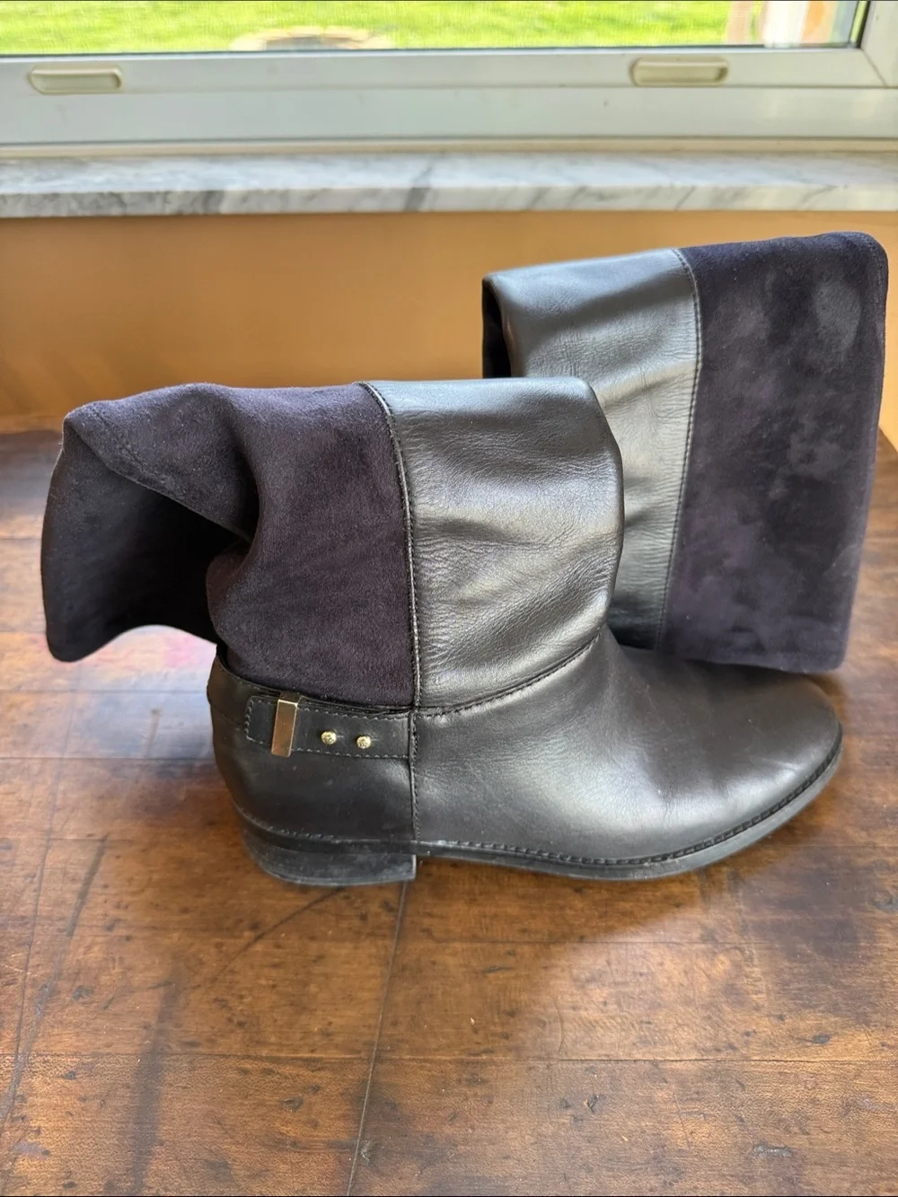 Cole Hahn knee high Black Leather & Suede Fold-Over Boots
